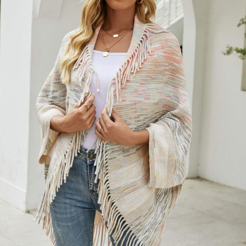 Multicolored Fringe Trim Poncho
